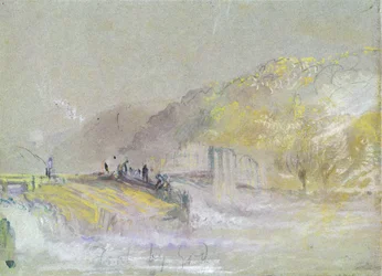 Paesaggio fluviale con pescatori che pescano da una diga, c.1830